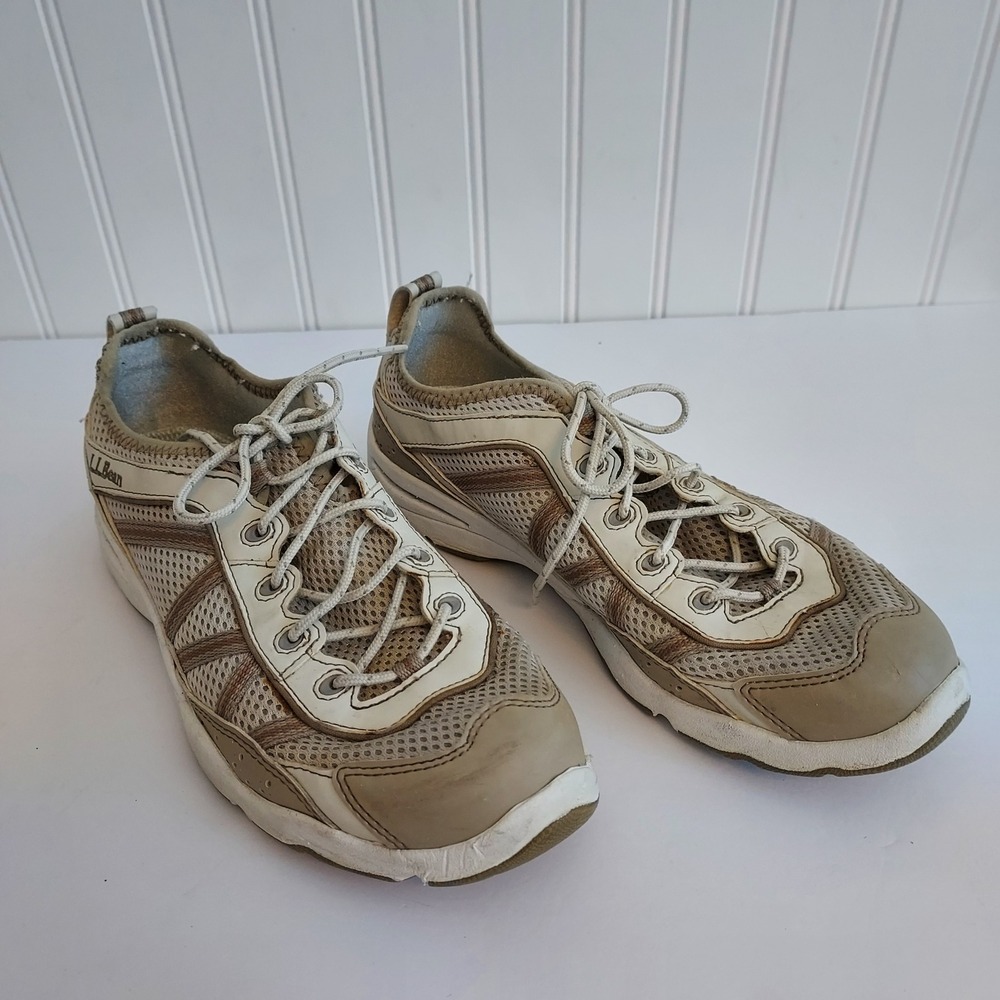 LLBean‎ Womens Athletic Shoes Tan Cream Mesh Lace Up Low Top Sneakers Size 8